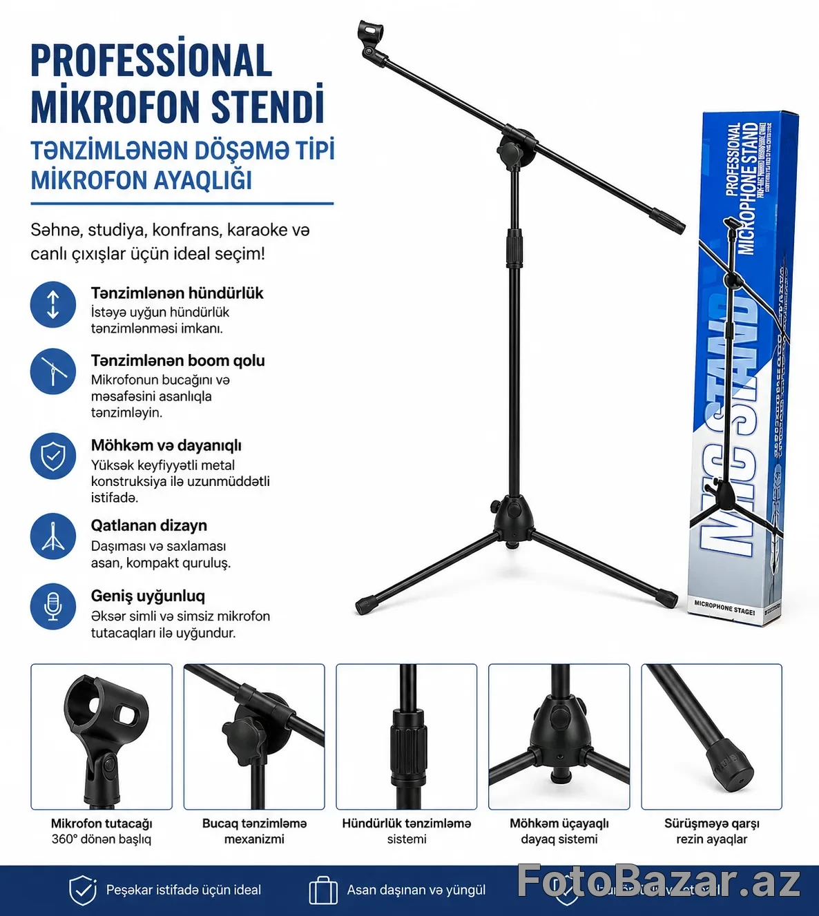 Professional Mikrofon Stendi – Tənzimlənən Döşəmə Tipi Mikrofon Ayaqlığı — 1