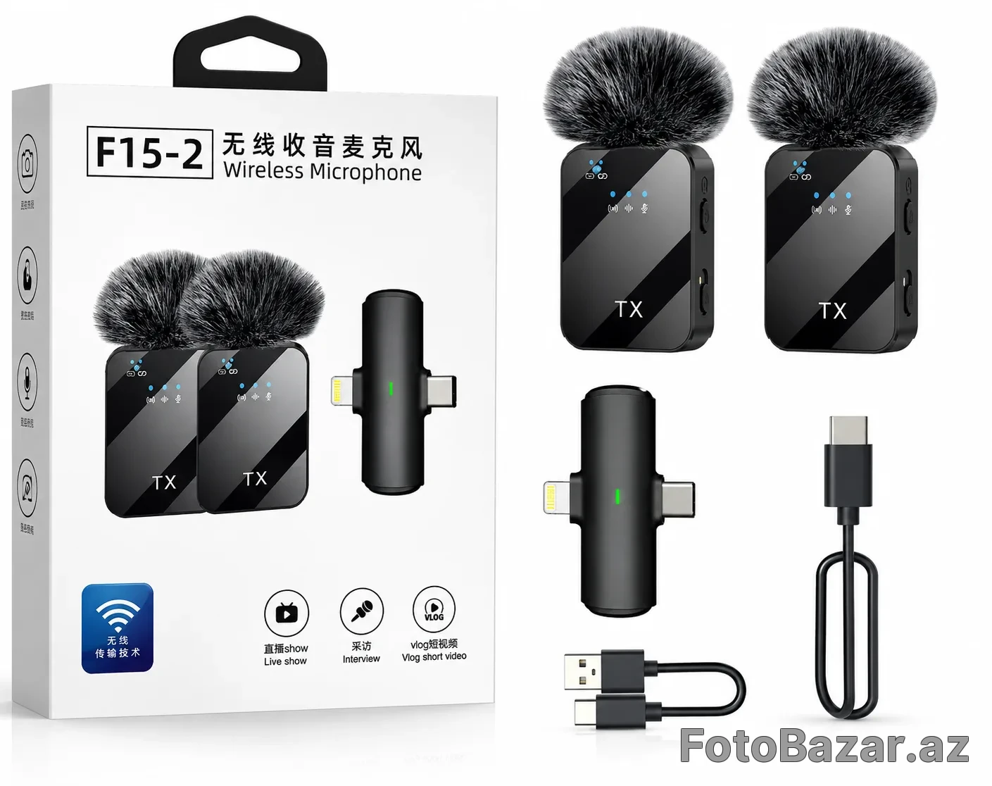 F15-2 Wireless Microphone – 2.4GHz Simsiz Yaxa Mikrofonu (Lightning / USB-C) — 1