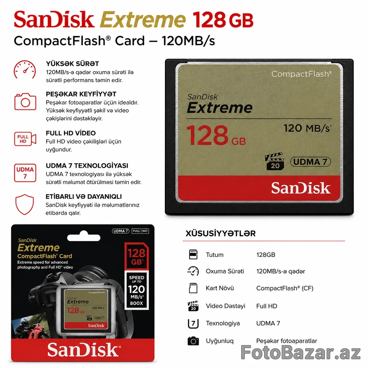 SanDisk Extreme 128GB CompactFlash (CF) Yaddaş Kartı – 120MB/s