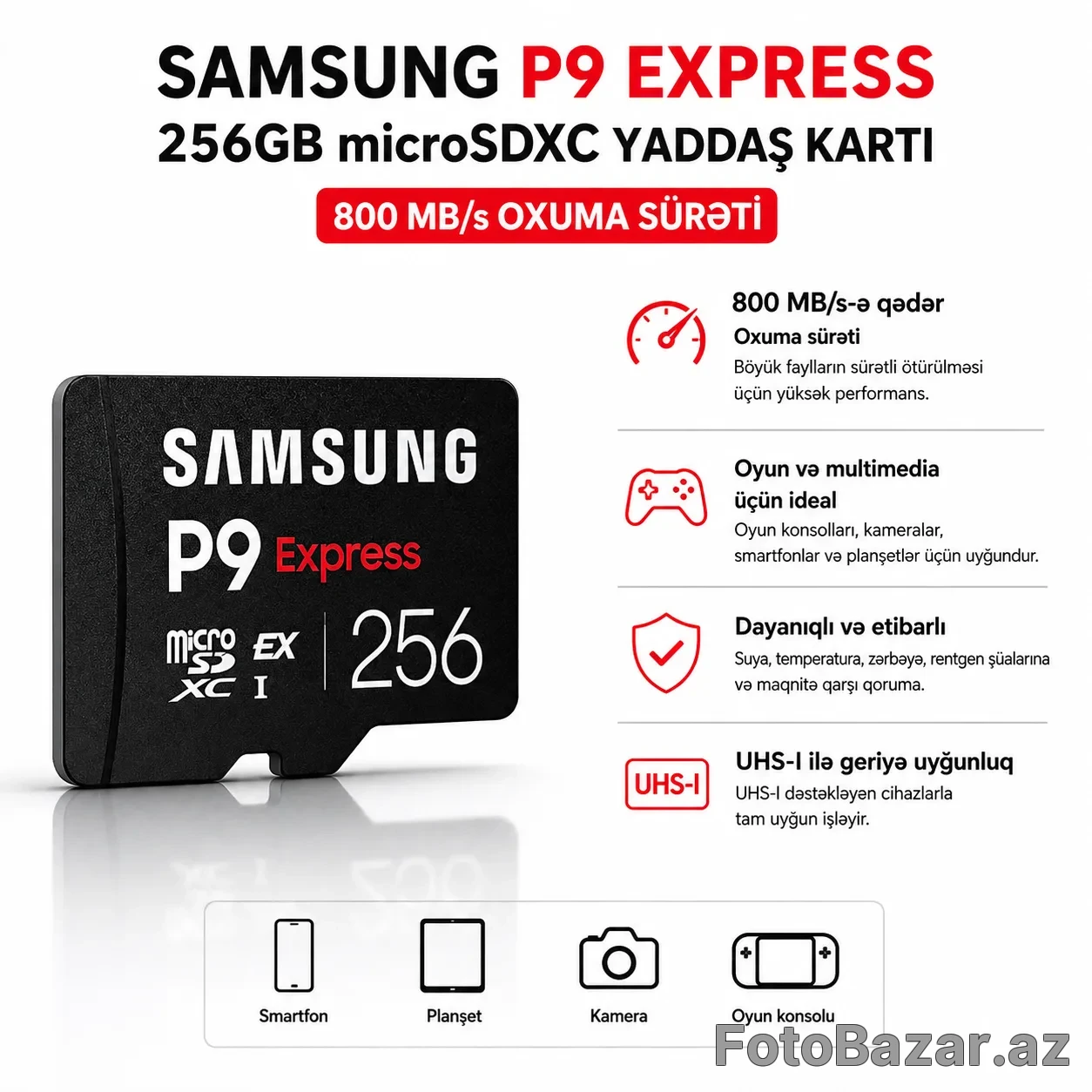 Samsung P9 Express 256GB microSDXC Yaddaş Kartı – 800 MB/s Oxuma Sürəti