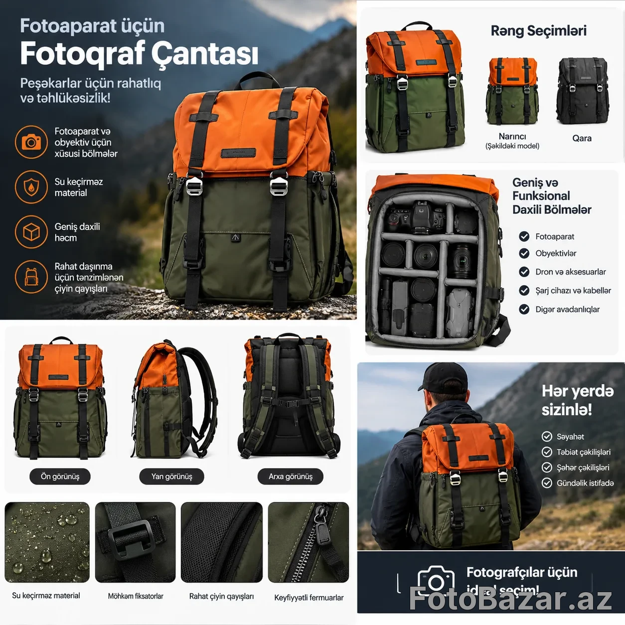 Fotoaparat üçün Fotoqraf Çantası – Su Keçirməz Çiyin Sırt Çantası