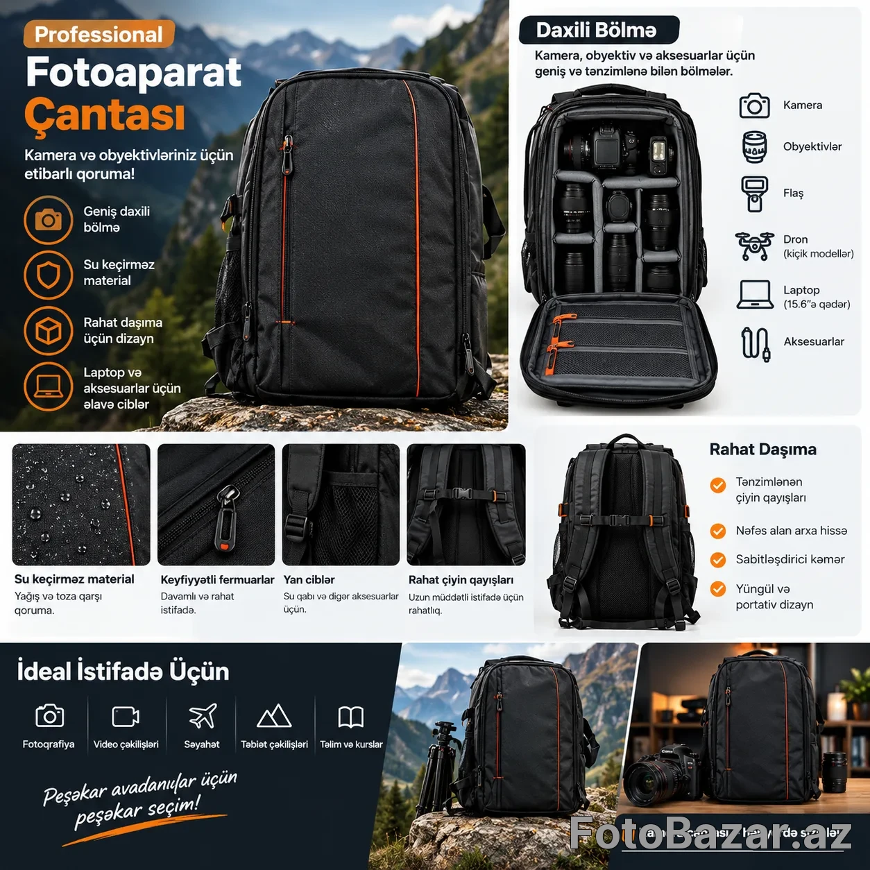 Professional Fotoaparat Çantası – Kamera və Obyektiv Sırt Çantası